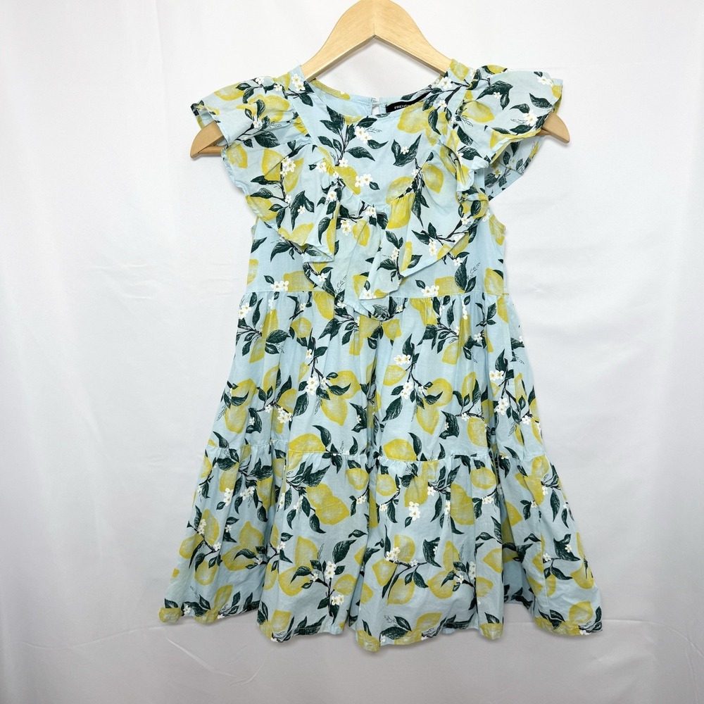 FRENCH CONNECTION Girls Floral Lemon Ruffle Dress 100% Cotton S (7/8) Citrus